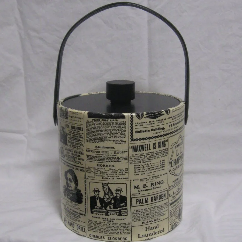 Vintage 70s Ice Bucket Retro Newspaper Advertising Print Barware Insulated